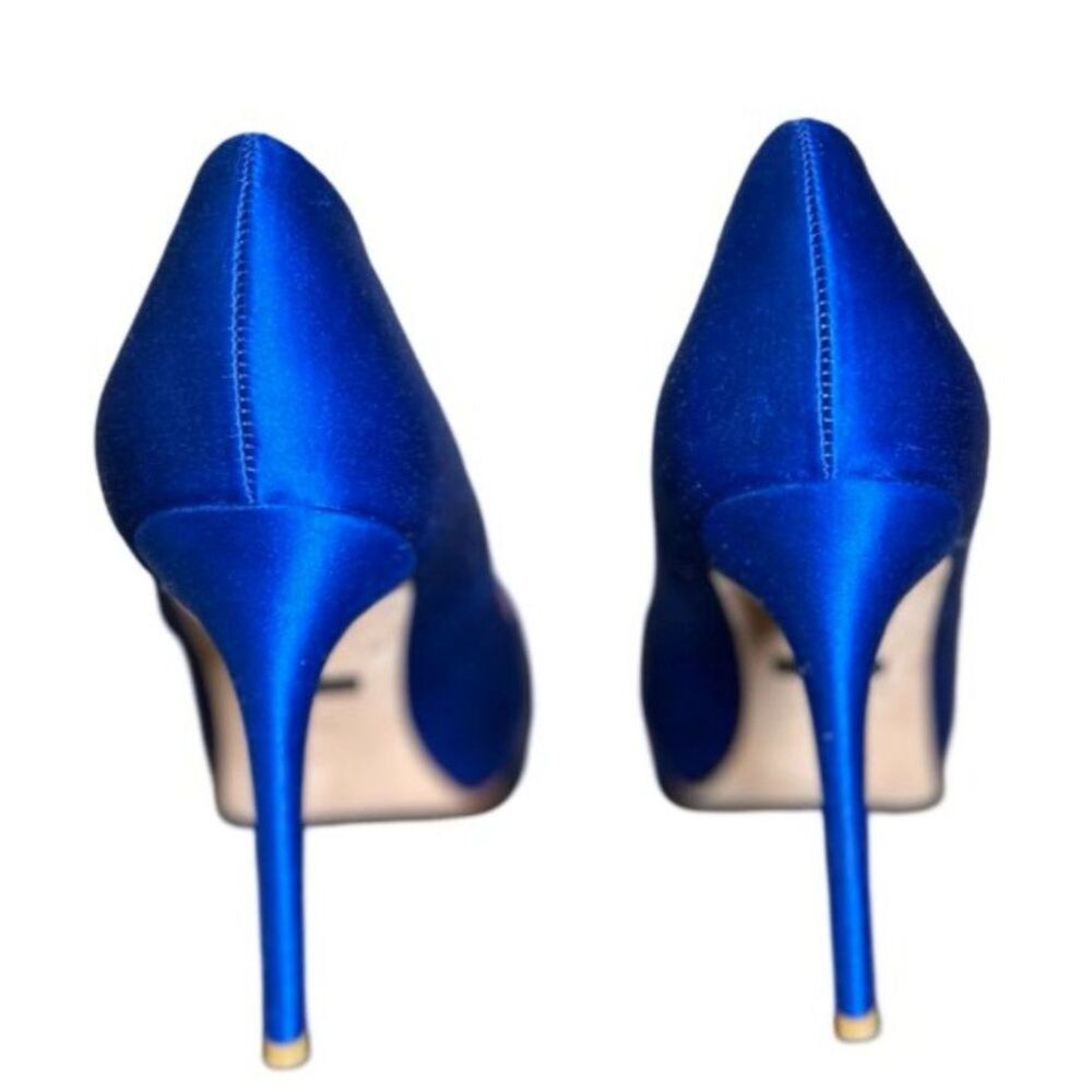 Electric blue satin 4 inch stiletto pumps with crystal brooch - Picture 3 of 6